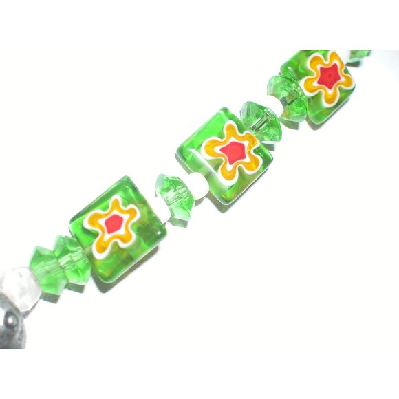 Handcrafted Millefiori Glass & Metal Turtle Pendant Necklace With Green & White - Picture 2 of 6